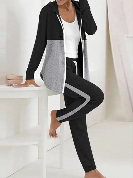 Women's Color Block Daily Going Out Two Piece Set Long Sleeve Casual Spring/Fall Coat With Pants Matching Set, JustFashionNow Suit Set, color:Black|size:XXL,