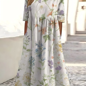 Women Floral  Printing Crew Neck Half Sleeve Comfy Vintage Maxi Dress, Dresses, color:As Picture|size:4XL, catalog Noracora shop