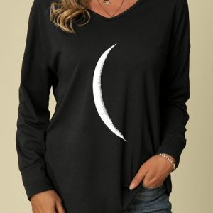 Moon Printed V Neck Casual Long Sleeve Shift Tunic Tops, T-shirts, color:Black|size:3XL, catalog Noracora shop