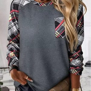 Crew Neck Long Sleeve Plaid Regular Micro-Elasticity Loose Blouse For Women, Blouses, color:Gray|size:4XL, catalog Noracora shop