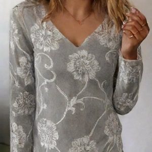 Vintage 3D Printing V Neck Long Sleeve T-shirt, Blouses, color:Gray|size:XXL, catalog Noracora shop