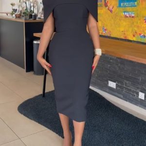 Crew Neck Elegant Plain Party Dress, Midi Dresses, color:Black|size:XXL, Stylewe