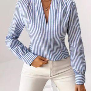 V Neck Long Sleeve Striped Lace Regular Micro-Elasticity Loose Blouse For Women, Blouses, color:Blue|size:XL, catalog Noracora shop