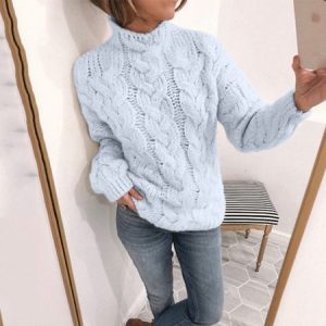 Women Yarn/Wool Yarn Plain Long Sleeve Comfy Casual Sweater, Sweaters, color:Sky Blue|size:3XL, catalog Noracora shop