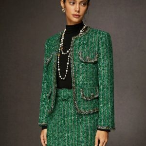 Elegant Tweed Crew Neck Buttoned Jacket, Jackets, color:Green|size:XXL, Stylewe