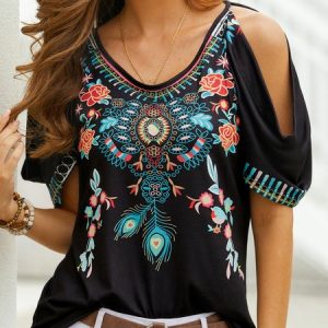 Boho V neck Printed Short Sleeve Short Sleeve T-shirt, T-shirts, color:Black|size:XXL, catalog Noracora shop