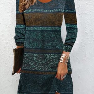 Women's Long Sleeve Spring/Fall Floral Dress Crew Neck Daily Going Out Casual Mini T-Shirt Dress H-Line Dress, JustFashionNow Dresses, color:Cyan|size:XXL,