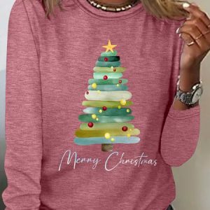 Merry Christmas Tree Print Casual Long Sleeve Shirt, Long sleeves, Lilicloth.com