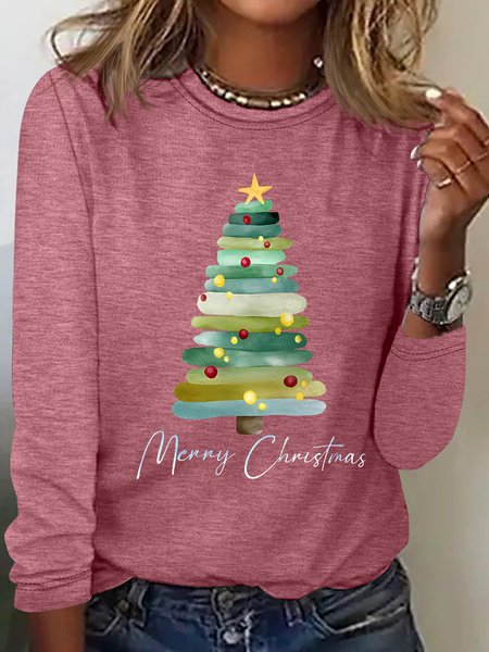 Women's Long Sleeve Tee T-shirt Spring/Fall Christmas Tree Cotton-Blend Crew Neck Daily Going Out Casual Top, JustFashionNow T-Shirts, color:Watermelon|size:3XL,