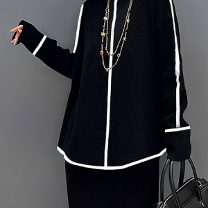 High Elasticity Casual Loose Turtleneck Color Block Sweater, Pullovers, color:Black-white|size:XXL, Stylewe
