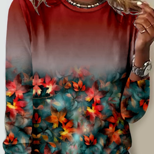 Casual Maple Leaf Crew Neck Long Sleeve T-shirt, T-shirts, color:Red|size:4XL, catalog Noracora shop