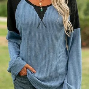 V Neck Long Sleeve Color Block Regular Micro-Elasticity Loose Blouse For Women, Blouses, color:Blue|size:XXL, catalog Noracora shop