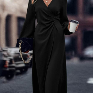 Women Plain Shawl Collar Long Sleeve Comfy Casual Midi Dress, Dresses, color:Black|size:5XL, catalog Noracora shop