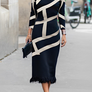 Elegant Geometric Fringe Midi Dress, Midi Dresses, color:Black|size:XXL, Stylewe