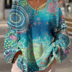Women Floral Long Sleeve Comfy Casual Sweater, Sweaters, color:Blue|size:4XL, catalog Noracora shop