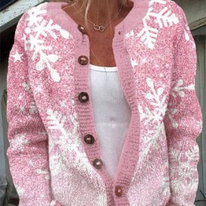 Women Christmas Snowflakes Knitted Long Sleeve Comfy Casual Cardigan, Outerwear, color:Pink|size:5XL, catalog Noracora shop