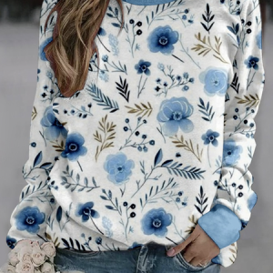 Casual Crew Neck Floral Sweatshirt, Hoodies & Sweatshirts, color:white-blue|size:4XL, catalog Noracora shop