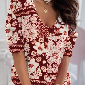 Casual Floral V Neck Long Sleeve T-shirt, T-shirts, color:Red|size:XXL, catalog Noracora shop