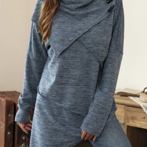 Crew Neck Long Sleeve Plain Regular Micro-Elasticity Loose Blouse For Women, Blouses, color:Blue|size:5XL, catalog Noracora shop