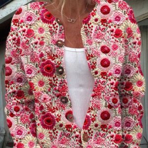 Women Knitted Floral Long Sleeve Comfy Vintage Cardigan, Cardigans, color:Red|size:5XL, catalog Noracora shop