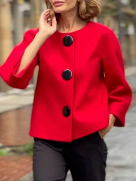 Urban Buttoned Plain Crew Neck Jacket, Jackets, color:Red|size:XXL, Stylewe