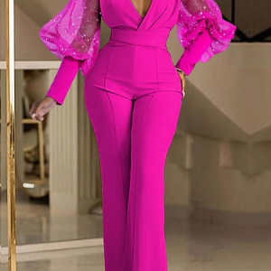 Elegant Puff Sleeve Mesh Plain V Neck Jumpsuit, Jumpsuits, color:Pink|size:XXL, Stylewe