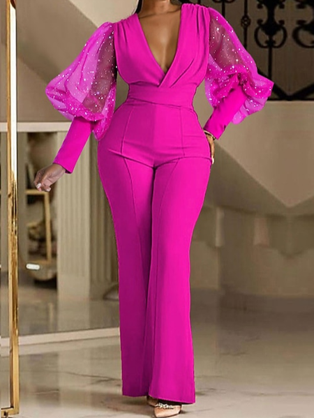 Elegant Puff Sleeve Mesh Plain V Neck Jumpsuit, Jumpsuits, color:Pink|size:XXL, Stylewe