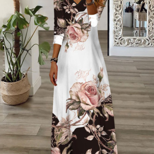 Women Floral V Neck Long Sleeve Comfy Casual Maxi Dress, Dresses, color:Pink|size:5XL, catalog Noracora shop