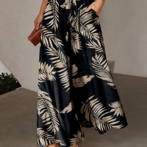 Casual Leaf Pattern Loose Long Pants, Pants, color:Black|size:XXL, catalog Noracora shop