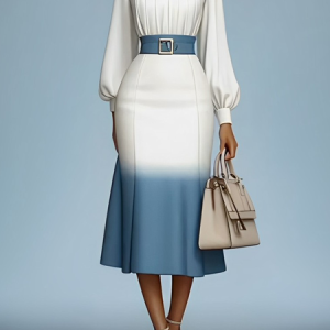 Elegant Gradient Pattern Balloon Sleeve Printing Stand Collar Midi Dress With Belt, Midi Dresses, color:As Picture|size:XXL, Stylewe