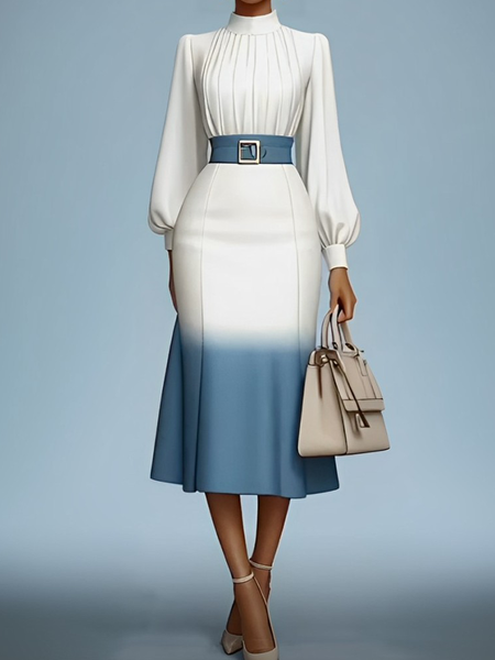 Elegant Gradient Pattern Balloon Sleeve Printing Stand Collar Midi Dress With Belt, Midi Dresses, color:As Picture|size:XXL, Stylewe