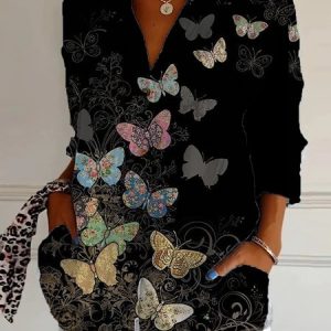 Shirt Collar Long Sleeve Butterfly Regular Loose Shirt For Women, Shirts, color:Black|size:5XL, catalog Noracora shop