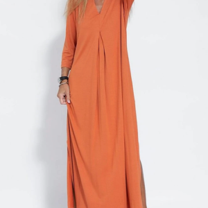 Women Plain V Neck Long Sleeve Comfy Casual Midi Dress, Dresses, color:Orange|size:XXL, catalog Noracora shop