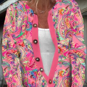Women Ethnic Long Sleeve Comfy Casual Buttoned Cardigan, Cardigans, color:Pink|size:3XL, catalog Noracora shop
