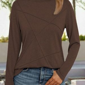 Casual Abstract Crew Neck Long Sleeve T-shirt, T-shirts, color:Coffee|size:4XL, catalog Noracora shop
