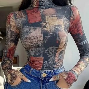 Turtleneck Printing Random Print Casual T-Shirt, Tees, color:As Picture|size:XXL, Stylewe