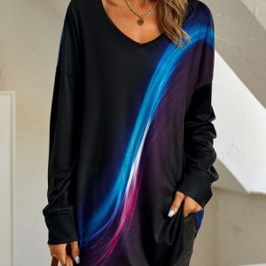 Abstract Printed Casual V Neck Long Sleeve Tunic T-Shirt, T-shirts, color:Black|size:XXL, catalog Noracora shop