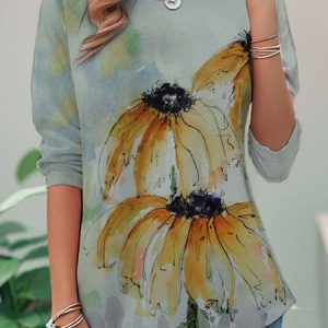 Casual Daisy Crew Neck Long Sleeve T-shirt, T-shirts, color:Yellow|size:XXL, catalog Noracora shop