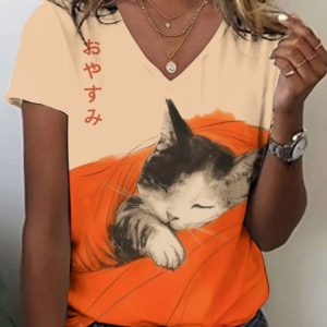 Casual Animal V Neck Short Sleeve T-shirt, T-shirts, color:Light Orange|size:4XL, catalog Noracora shop