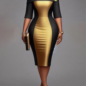 Elegant Color Block Off Shoulder Sleeve Split Joint Midi Dress With Brooch, Midi Dresses, color:black-gold|size:XXL, Stylewe