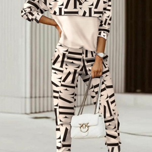 Women's Geometric Daily Going Out Two Piece Set Long Sleeve Casual Spring/Fall Top With Pants Matching Set, JustFashionNow Suit Set, color:Apricot|size:3XL,