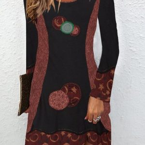 Women's Long Sleeve Spring/Fall Color Block Jersey Dress Crew Neck Daily Going Out Vintage Mini H-Line T-Shirt Dress, JustFashionNow Dresses, color:Reddish Black|size:XXL,