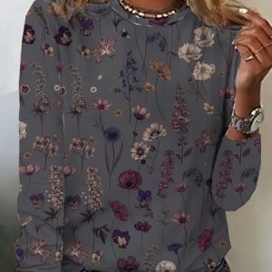 Crew Neck Loose Floral Casual T-Shirt, Long sleeves, Lilicloth.com