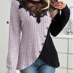 Crew Neck Long Sleeve Color Block Lace Regular Micro-Elasticity Loose Blouse For Women, Blouses, color:Black|size:XXL, catalog Noracora shop