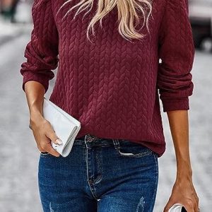 Crew Neck Long Sleeve Plain Regular Micro-Elasticity Loose Blouse For Women, Blouses, color:Wine Red|size:XXL, catalog Noracora shop