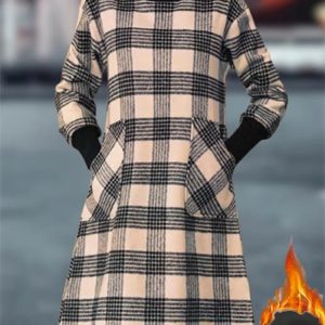 Women Plaid Turtleneck Long Sleeve Comfy Casual Maxi Dress, Dresses, color:Brown|size:3XL, catalog Noracora shop
