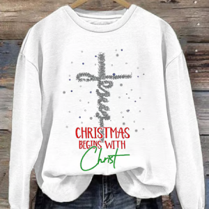 Women's Christmas Begins With Christ Snowman Print Round Neck Sweatshirt, Hoodies&Sweatshirts, Lilicloth.com