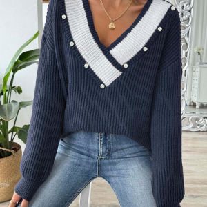Women Yarn/Wool Yarn Plain Long Sleeve Comfy Casual Sweater, Sweaters, color:Deep Blue|size:L, catalog Noracora shop