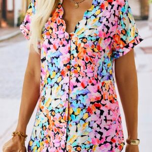 Floral V Neck Casual Short Sleeve Buttoned Blouse, Shirts, color:Pink|size:XXL, catalog Noracora shop