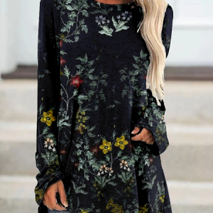 Vintage Floral Crew Neck Long Sleeve T-shirt, T-shirts, color:Deep Blue|size:4XL, catalog Noracora shop